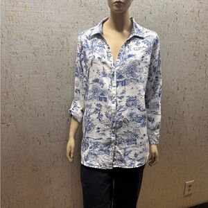 100%Linen Blue and White Women's Blouse